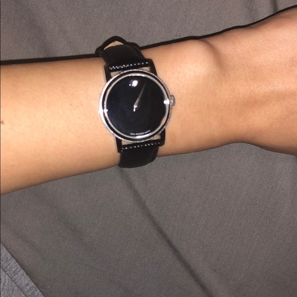 Silver and black leather Movado watch main image 4